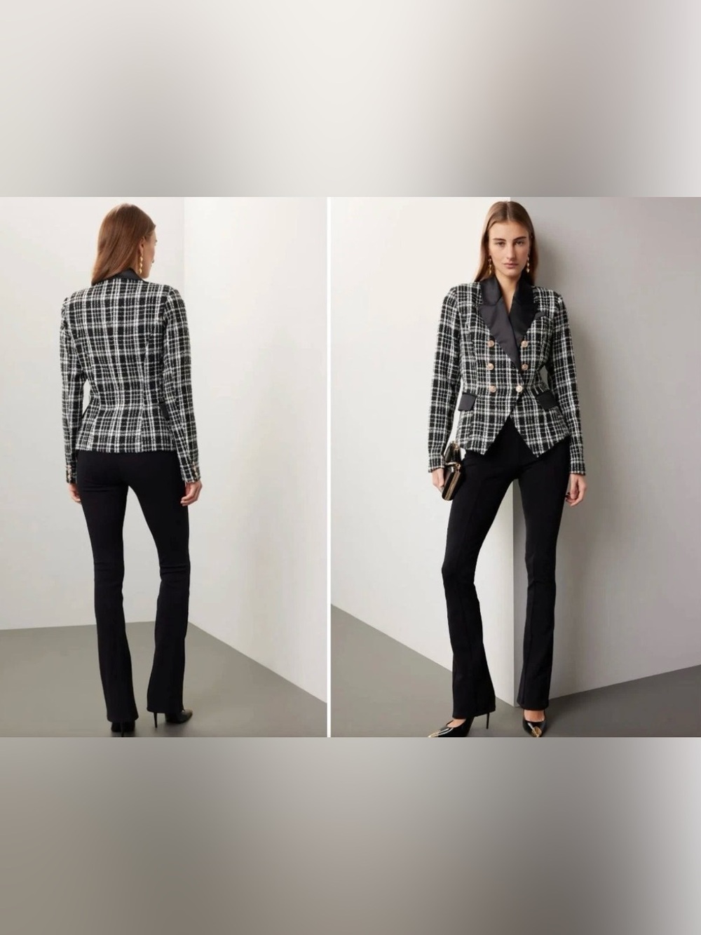 Rachel Parcell Black & White Tweed Blazer Satin Lapels Gold Buttons Size 12